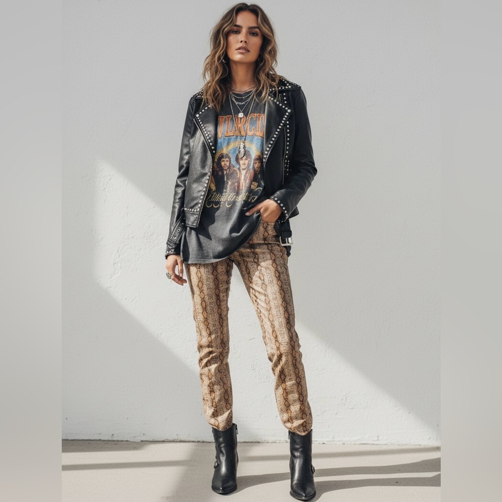 Free People Faux Leather Pants Size 2 Snakeskin Print Tailored Classic